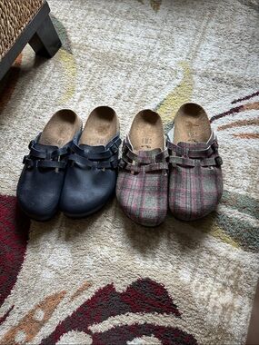 Birkenstock Women’s size 9 Boston Clogs in Navy Leather and Pink/Gray Plaid